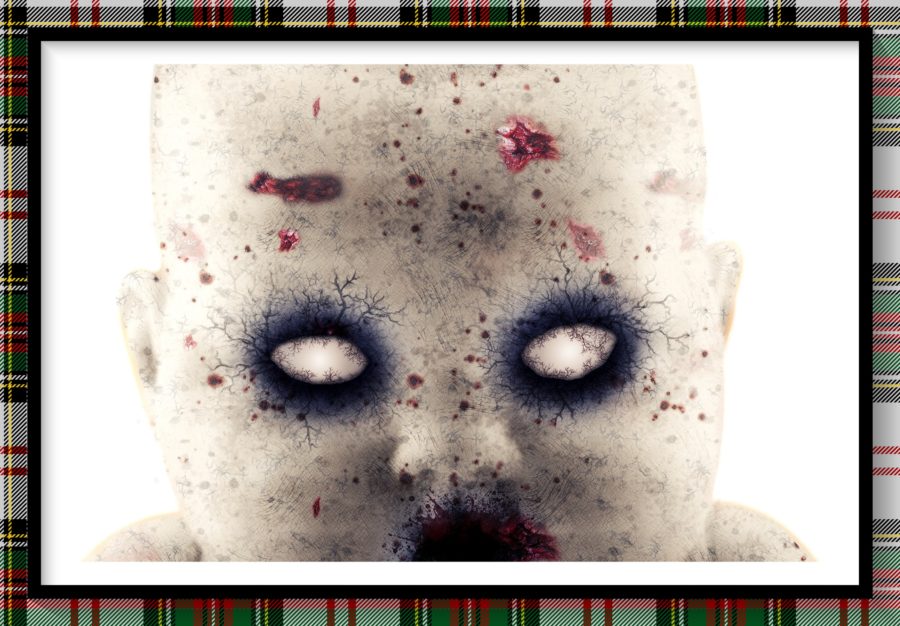 demonic baby image with white milky eyes and red mouth